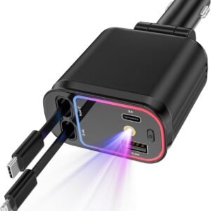 Cargador de Coche con Starlight, Cargador USB C 5 en 1 de 66 W, Cables retráctiles (80cm) y Adaptador de Cargador de Coche, Compatible con varios modelos de teléfonos Apple y teléfonos con puerto USB-C